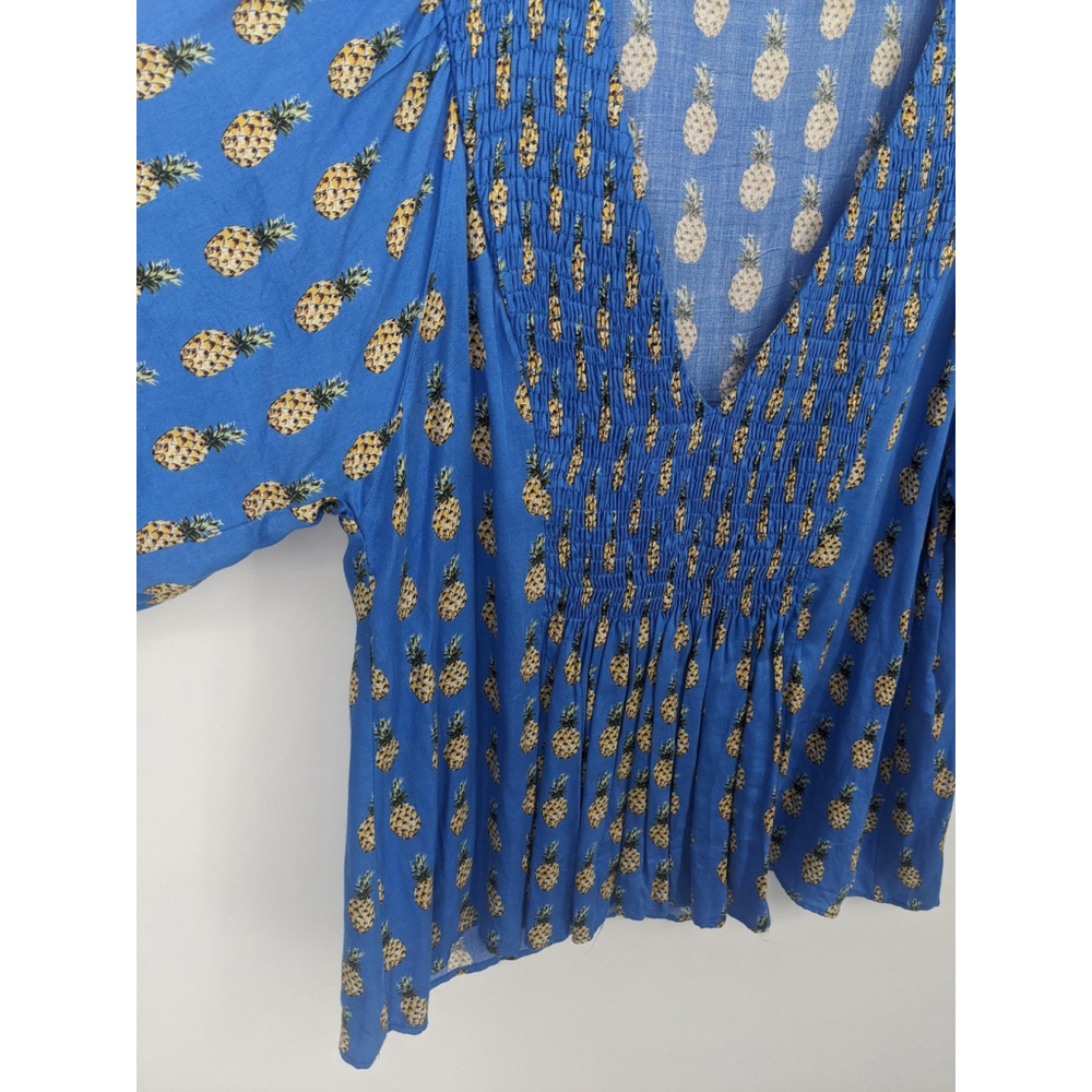 Zara Shirt Womens Large Blue‎ Pineapple Print Smocked Boho Flowy V Neck Top - Picture 3 of 9